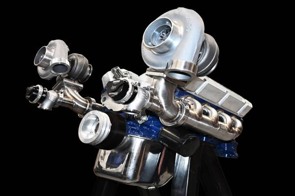 Small Block Ford 289/302/351w Turbo Header (Shown with OPTIONAL T4 Elbows, Wastegate Provisions, and Turbochargers Installed)