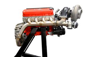 Chevy LS Single Turbo Header (Rear Crossover)--Angle Exit Variant-With Optional Turbocharger